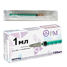 Шприц трехдетальный 1мл игла 27G 0,4x12мм N100 пакет Премьер-Мед