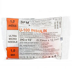 Шприц инсулиновый 1мл U40 с иглой 29G 0,33x12,7 SFM N10