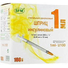 Шприц инсулиновый 1мл U100 с иглой 26G 0,45x12 SFM N100