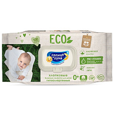 Солнце и Луна Eco Влажные салфетки для детей хлопковые с витаминами А Е F и нежной Липой 0+ N100